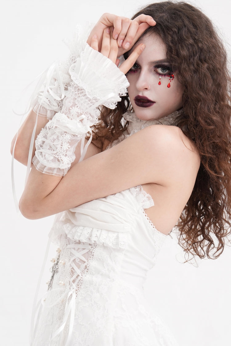 Ivory Bow Lace-Up Mesh Eyelet Gothic Palace Arm Sleeves