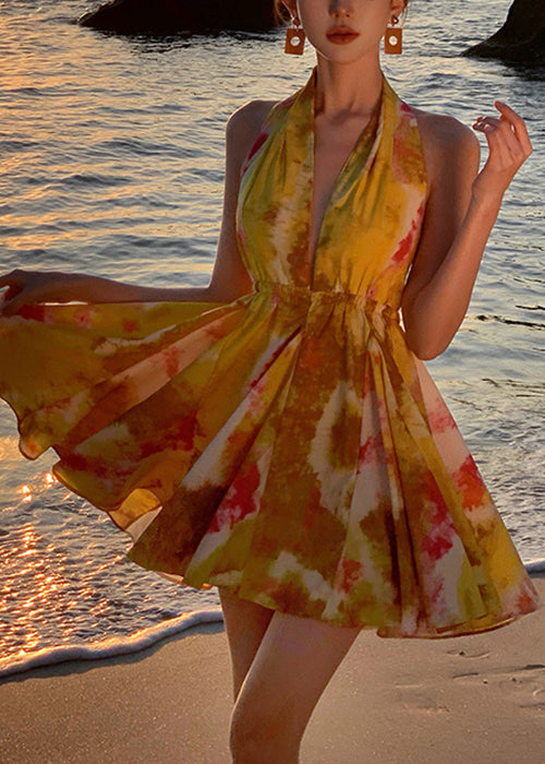 Dresses Up Chiffon Yellow Mini Print Stylish Lace Backless