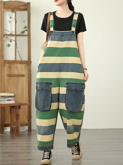 Summer Colorblock Women Loose Denim Stripe Jumpsuits