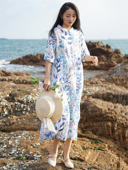 Robe d'été en ramie à bretelles et imprimé végétal artistique pour femmes CC032