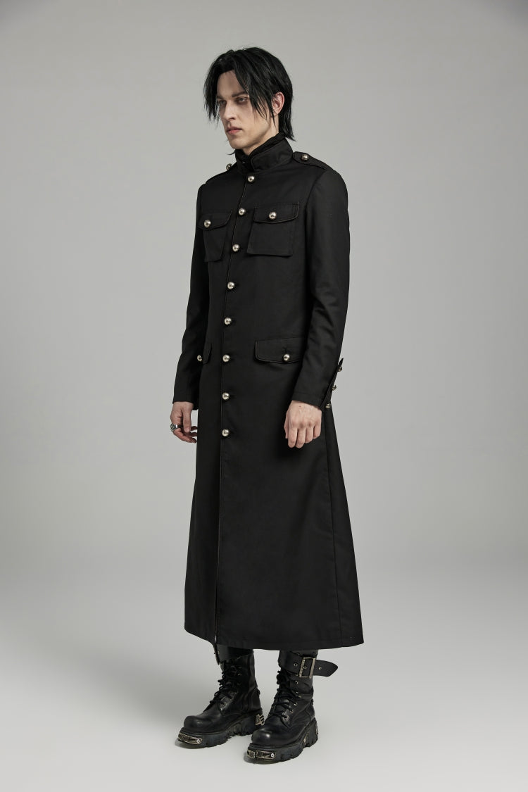 Black Gothic Overcoat for Men, Slim with Big Pockets and Mandarin Collar