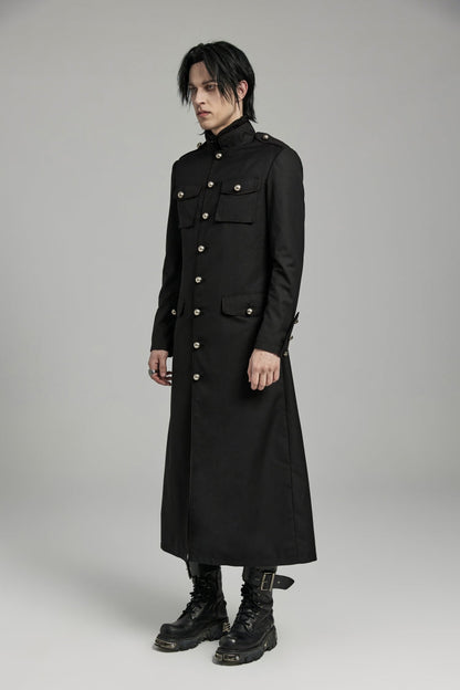 Black Gothic Overcoat for Men, Slim with Big Pockets and Mandarin Collar