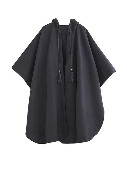 Stylish Black Hooded Drawstring Tasseled Pockets Zip-up Batwing Sleeve Trench Coat TW007