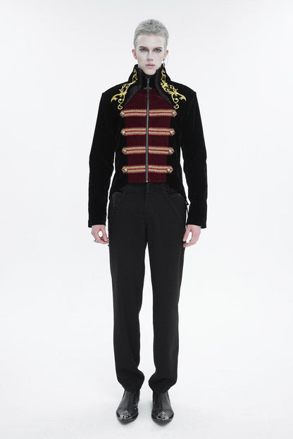 Crimson & Charcoal Vintage Emblem Stitched Swallow-Tail Goth Overcoat