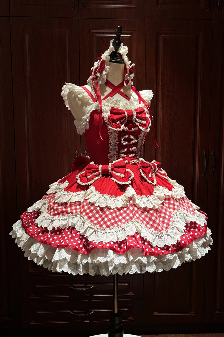 Crimson Halterneck Sweet Lolita JSK Set with Polka Dots and Ruffles