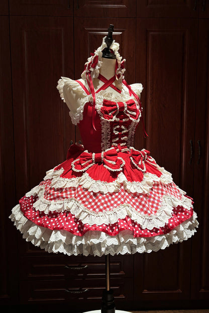Crimson Halterneck Sweet Lolita JSK Set with Polka Dots and Ruffles