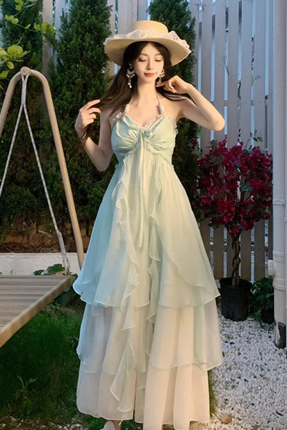 Sleeveless Triple-Layered Ruffle Lace-Up Sweet Lolita JSK Dress in Mint Green Dreaming About The Sea