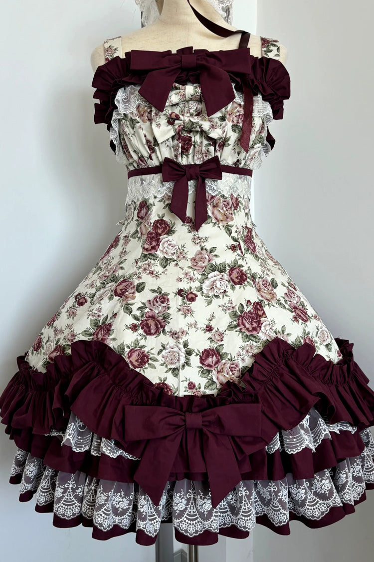 Off Shoulder Ruffled Bow Lace Gothic Lolita JSK Dress with Rose Print