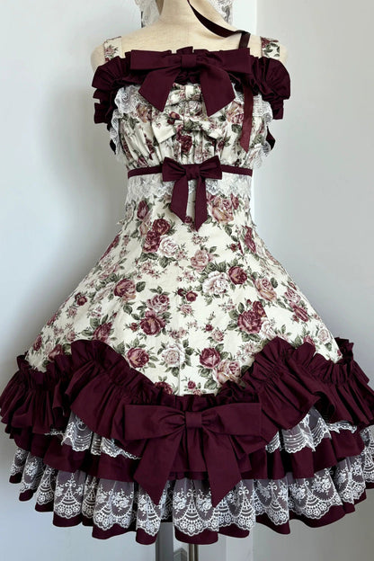Off Shoulder Ruffled Bow Lace Gothic Lolita JSK Dress with Rose Print