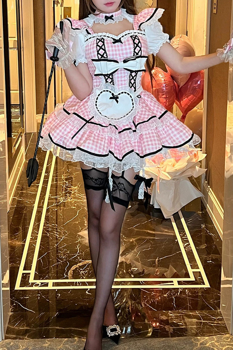 Blush Square Collar Short-Sleeve Double-Layer Printed Ruffle Bow Maid Dress - Girlish Plaid