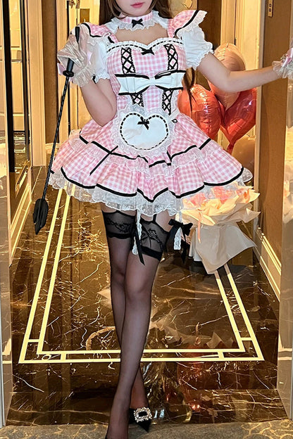 Blush Square Collar Short-Sleeve Double-Layer Printed Ruffle Bow Maid Dress - Girlish Plaid