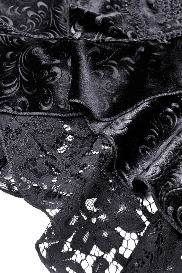 Women's Gothic Dovetail Wrap Skirt with Lace and Lace-Up in Black Jacquard