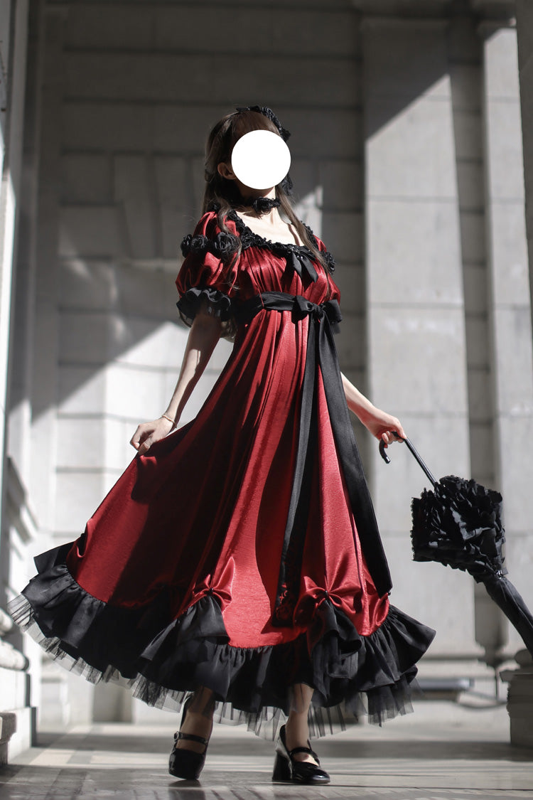 Crimson Square-Neck Vintage Lolita Dress with Ruffles and Bowknot