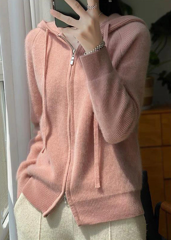 Elegant Pink Hooded Zip Up Wool Knit Coat Fall QX034