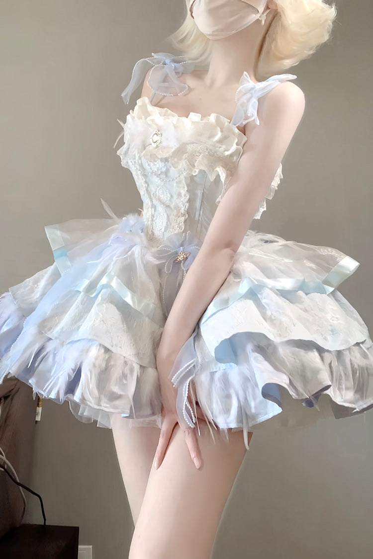 Ballet-Inspired Multi-Layer Ruffle JSK Dress with Bowknot in Three Hues - EtherealGrace