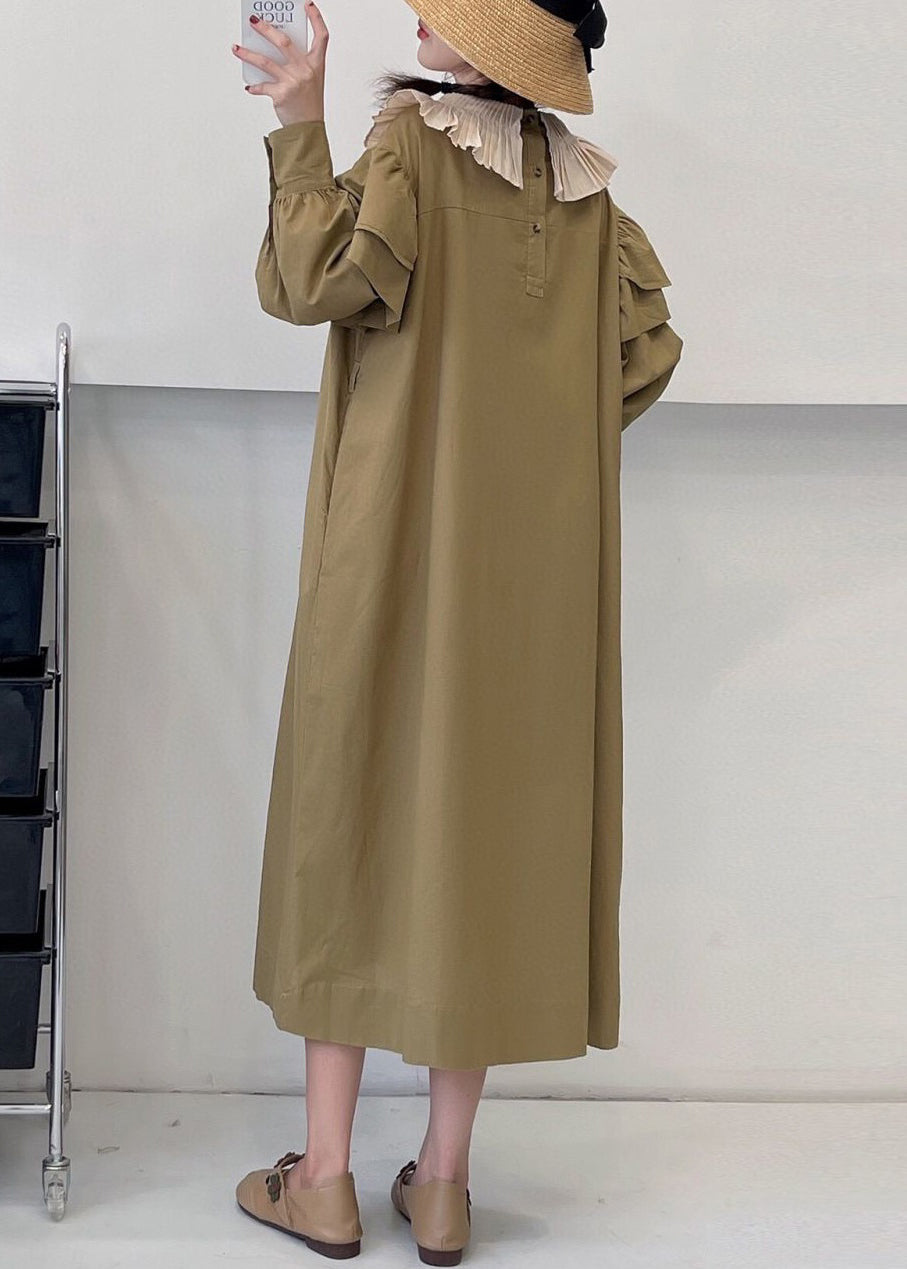 Loose Khaki Ruffled Tie Waist Cotton Dress Long Sleeve NN041