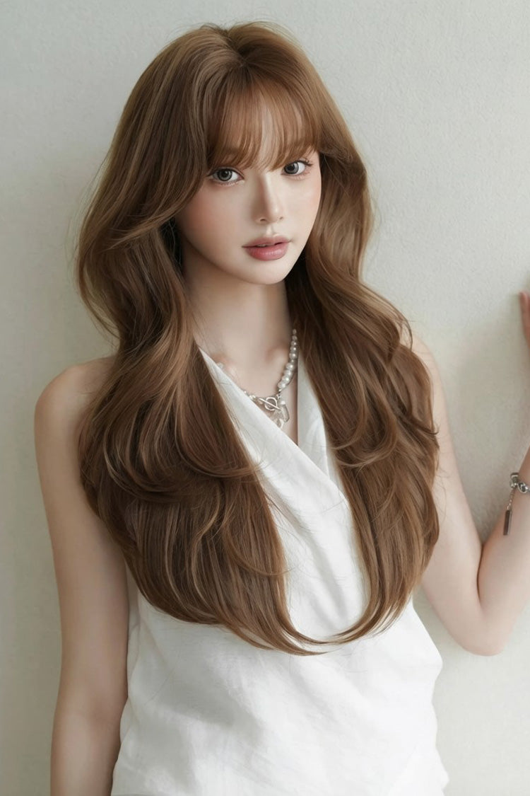 Coffee Milky Korean High-Layered Wavy Lolita Wig with Air Bangs