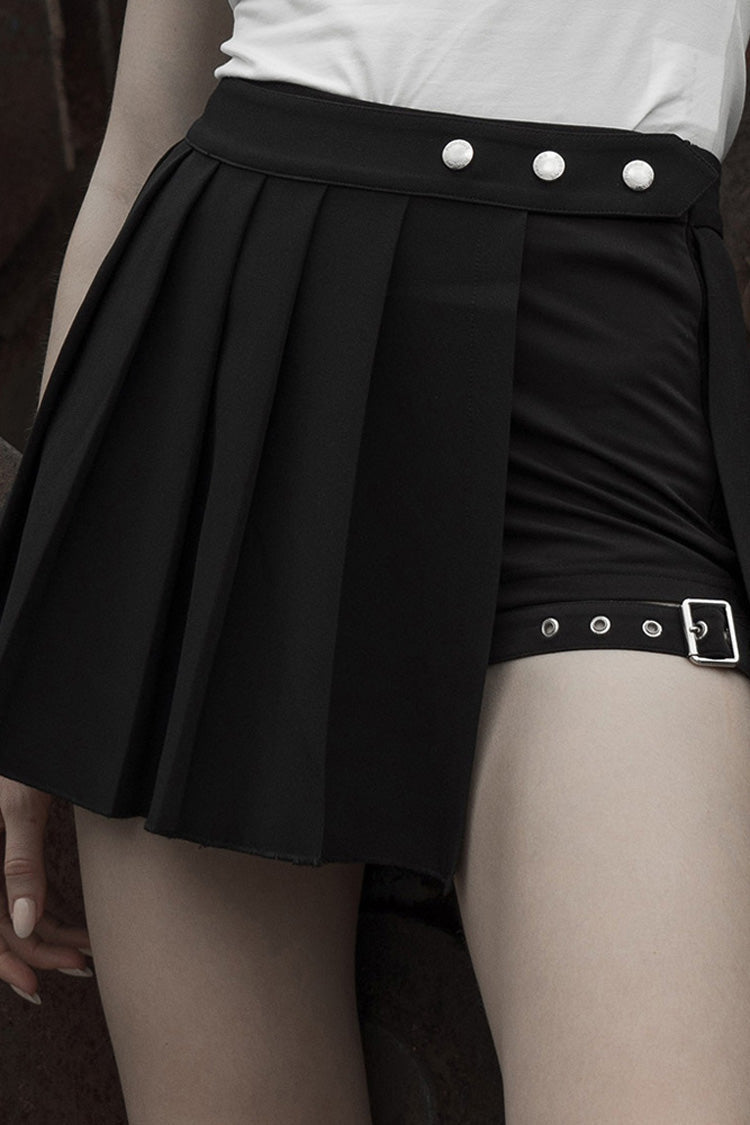 Women's Punk Skirt with Side Metal Buckle and Pleated Faux Two-Piece Cut