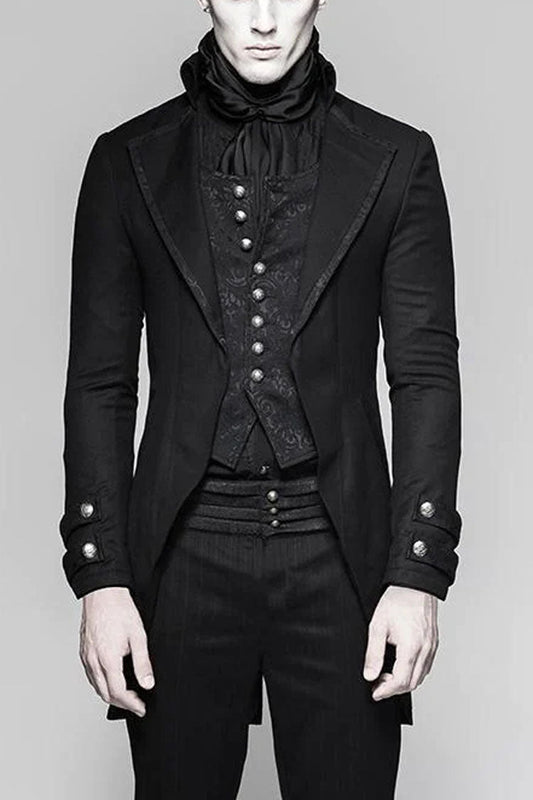 Men's Gothic Coat with Metal Buttons, Jacquard Print and Faux Two-Piece Design