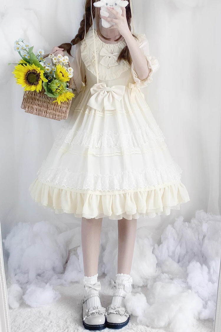 Cool Angel Sweet Lolita Dress with Bowknot, Ruffles & Short Lace Sleeves, Cream