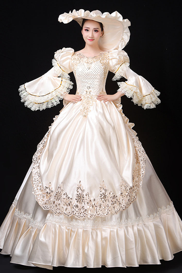 Ivory Court-Style High-Waist Floral Hime Sleeve Victorian Lolita Prom Dress