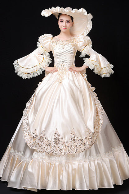 Ivory Court-Style High-Waist Floral Hime Sleeve Victorian Lolita Prom Dress
