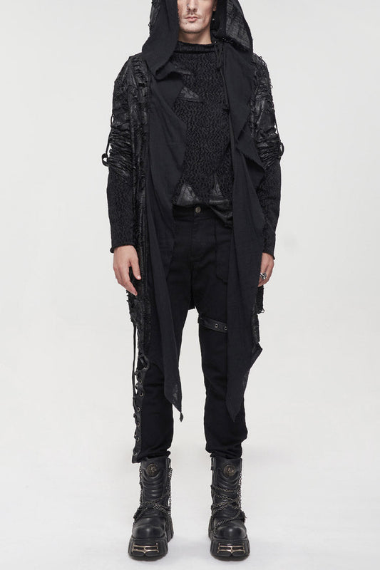 Punk Jacket for Men with Black Irregular Sharp Corner Hem and Knitted Stitching