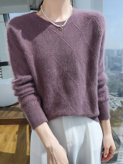 Women Autumn O-Neck Solid Rhomboids Wool Warm Knit Sweater AV1010