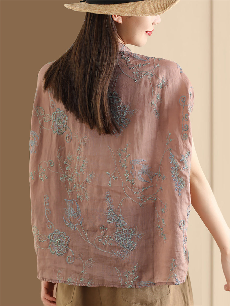 Women Summer Vintage Flower Embroidery Button Ramie Shirt OO1048