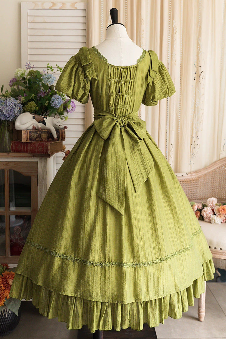 Emerald Square Neck Short Sleeve Ruffled Bow Vintage Elegant Lolita Gown