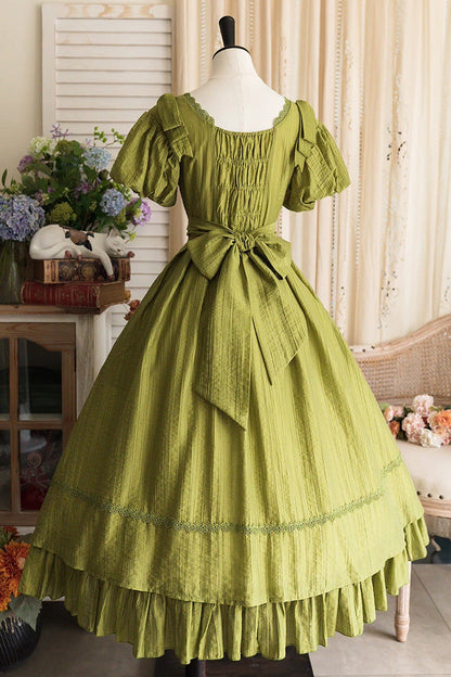 Emerald Square Neck Short Sleeve Ruffled Bow Vintage Elegant Lolita Gown