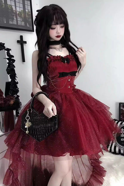 Crimson Gorgeous Lolita JSK Dress with Shiny Bow and Train