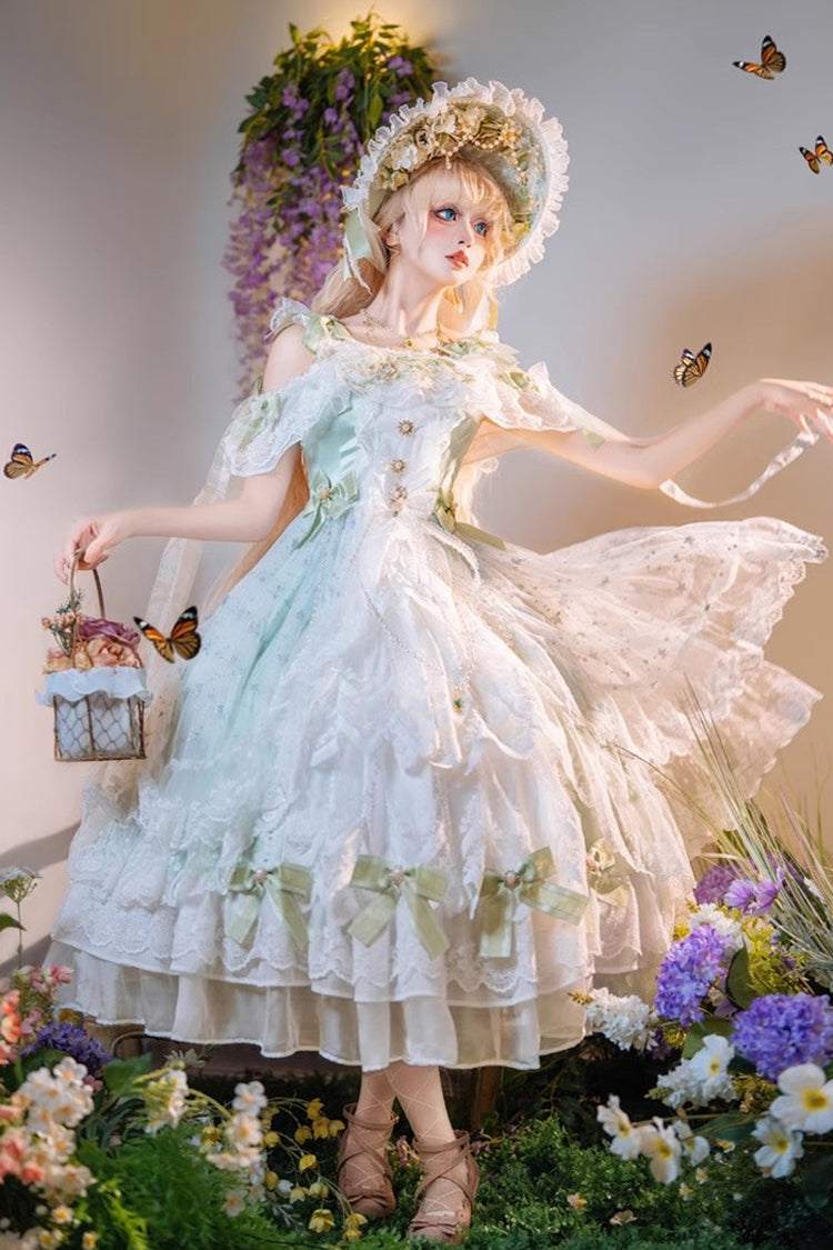 Emerald Glazed Phantom Off-Shoulder Ruffle Hanayome Bow Lace Dress