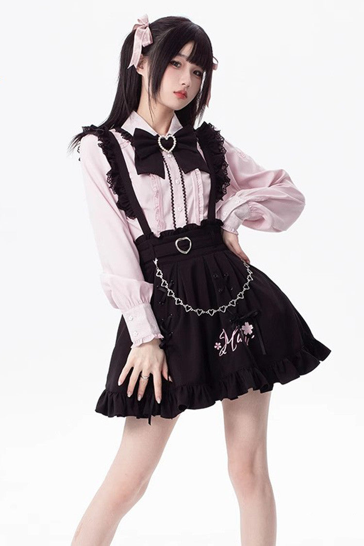 Ebony Embroidered Ruffle Lace-Up Jirai Skirt - Hatsune Miku