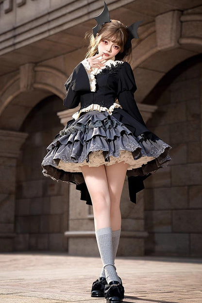 Gothic Princess Lolita Top and Skirt Set with Multi-Layered Ruffle in Black