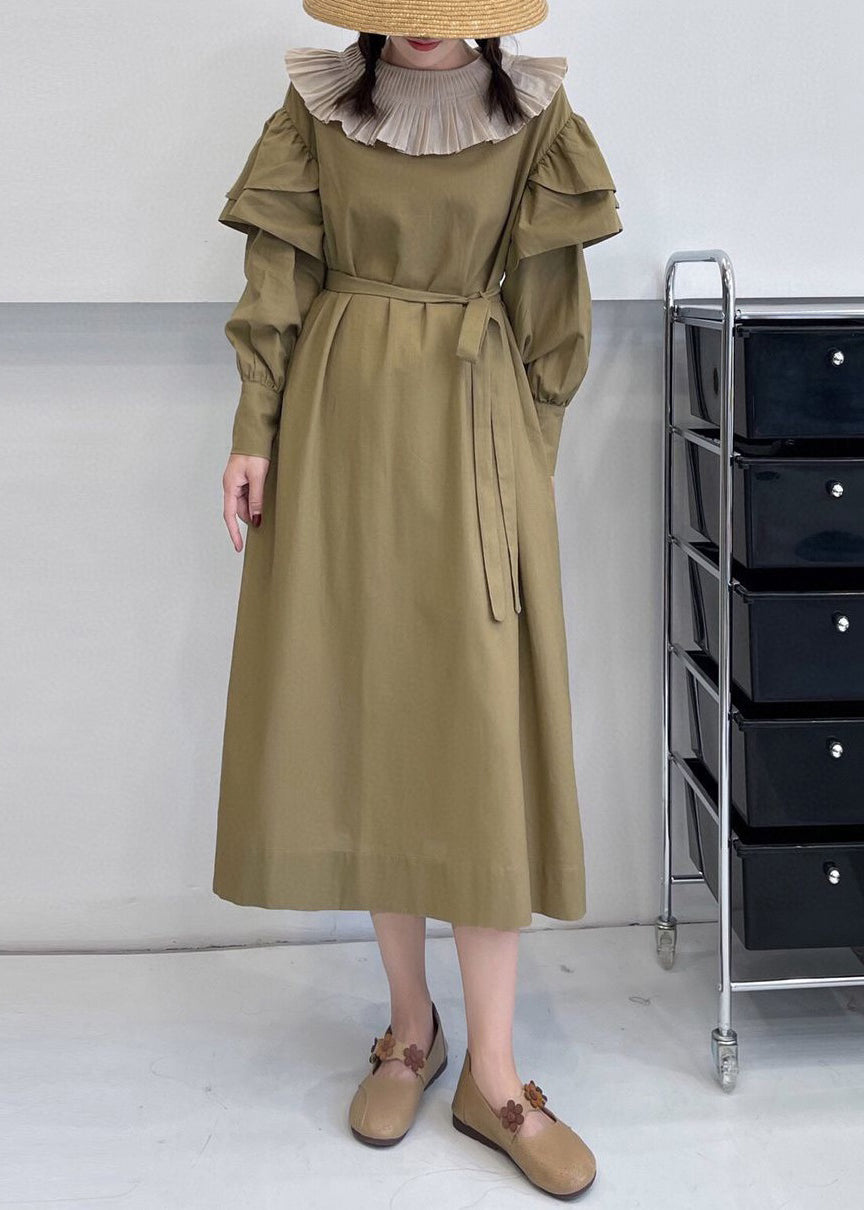 Loose Khaki Ruffled Tie Waist Cotton Dress Long Sleeve NN041