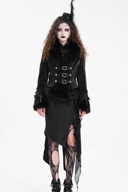 Women's Gothic Jacket with Faux Fur Trim, Chain and Buckle-Up Design