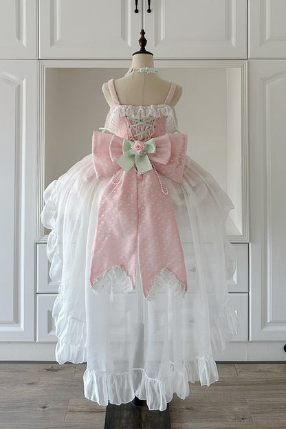 Blush Sleeveless Embroidered Bow Lace Pearl JSK with Ruffles - Honey Rose