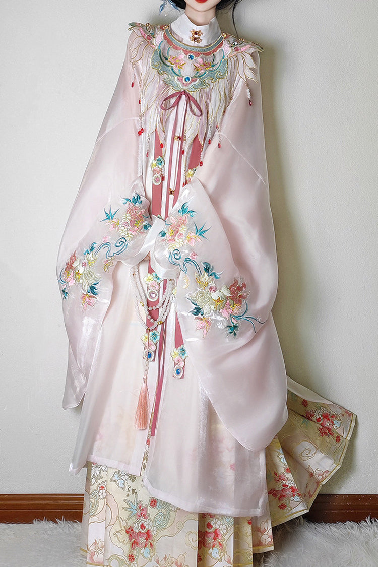 Blush Round Collar Long-Sleeve High-Waist Printed Embroidered Hanfu Set - Fragrant Flower Rain