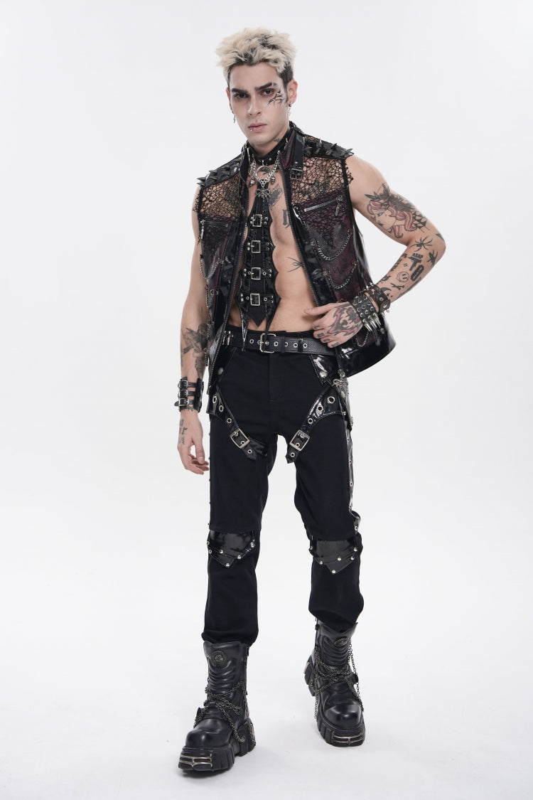 Men's Black Punk Vest, Spliced Mesh with Studs, Zippers and Eyelets