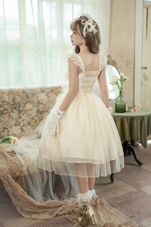 Sweet Lolita JSK Gown with Ruffled Straps, Bow & Sleeveless Design