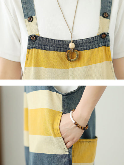 Summer Colorblock Women Loose Denim Stripe Jumpsuits
