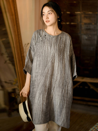 Women Summer Vintage Solid Loose Linen Short Dress II1008