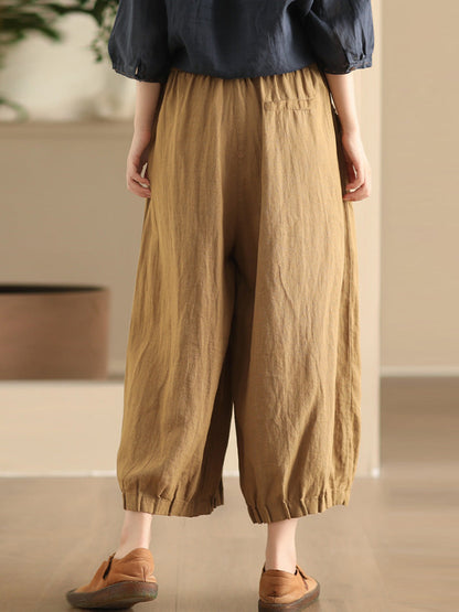 Women Summer Vintage Solid Linen Wide-leg Pants FD038