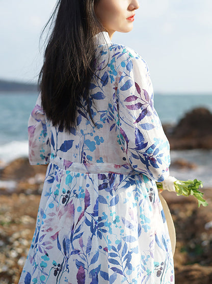 Robe d'été en ramie à bretelles et imprimé végétal artistique pour femmes CC032