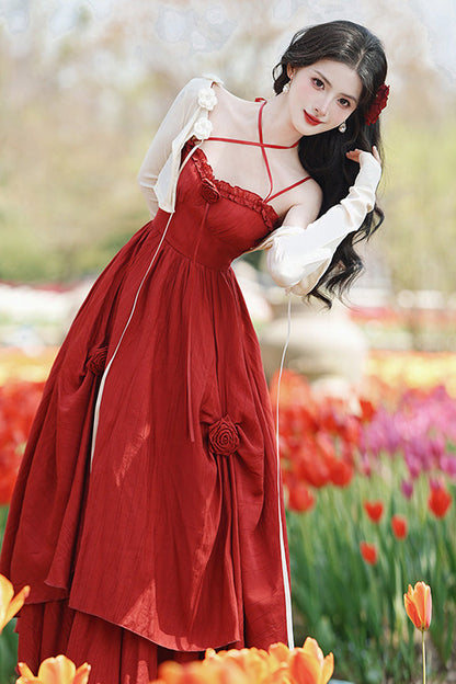 Crimson Classic Lolita JSK Dress with Double-Layered Ruffles and Rose Motif