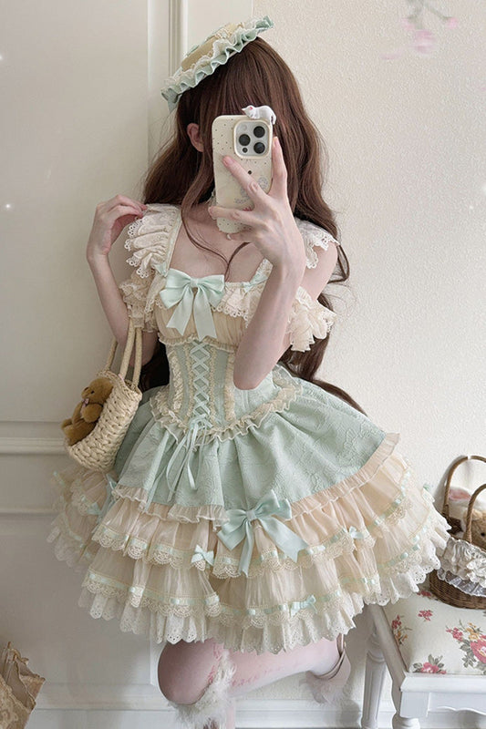 Emerald Double-Layer Ruffle Bow Lace Lace-Up Sweet Ballet Lolita Jumper Dress