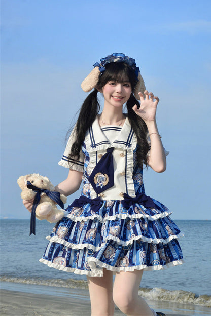 Glory of the Dog Navy Collar Low Waist Printed Ruffle Dress
