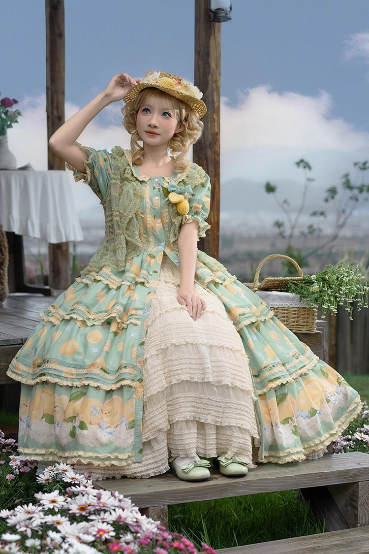 Emerald Lemon Chicken Triple-Layer Ruffle Bow Lace Gorgeous Dress