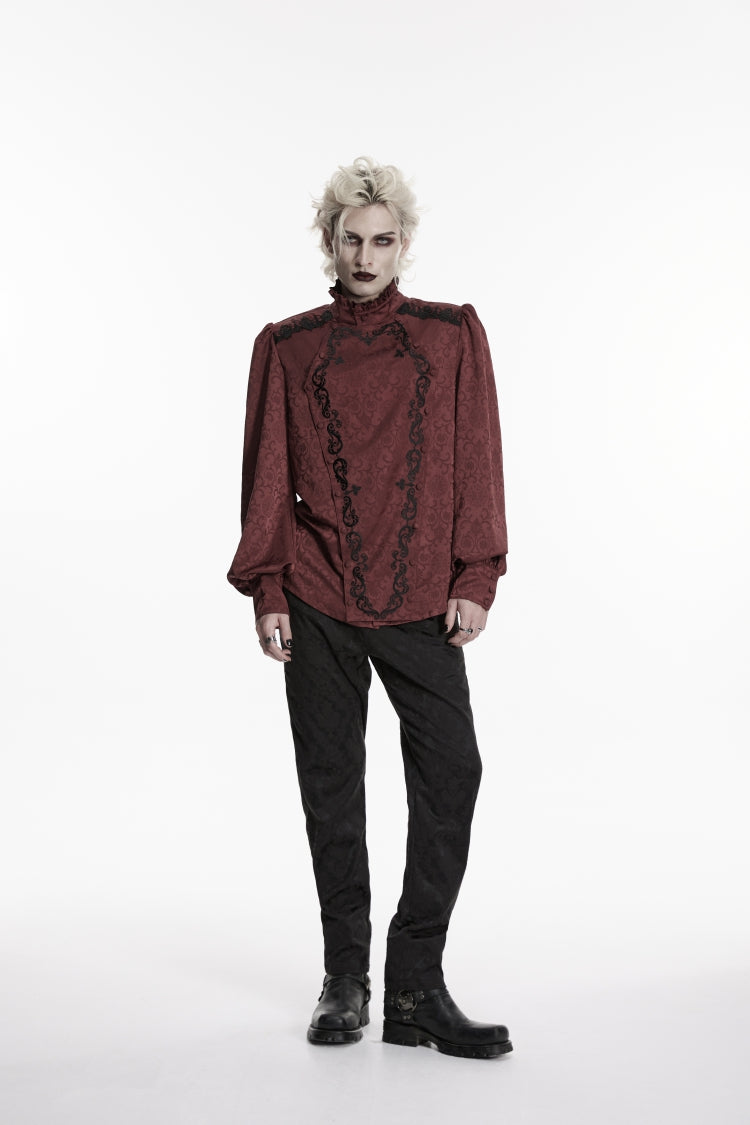 Crimson High-Neck Gothic Palace Shirt with Jacquard and Detachable Tie